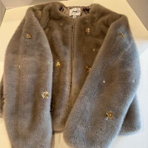 Jason Wu Taupe Faux Fur Jacket with Gold Beaded Floral Accents